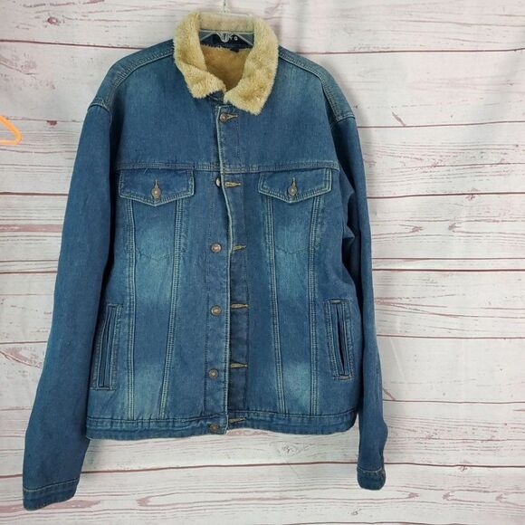 JYG Faux Fur Denim Jean Button Front Jacket Coat Size XXL
